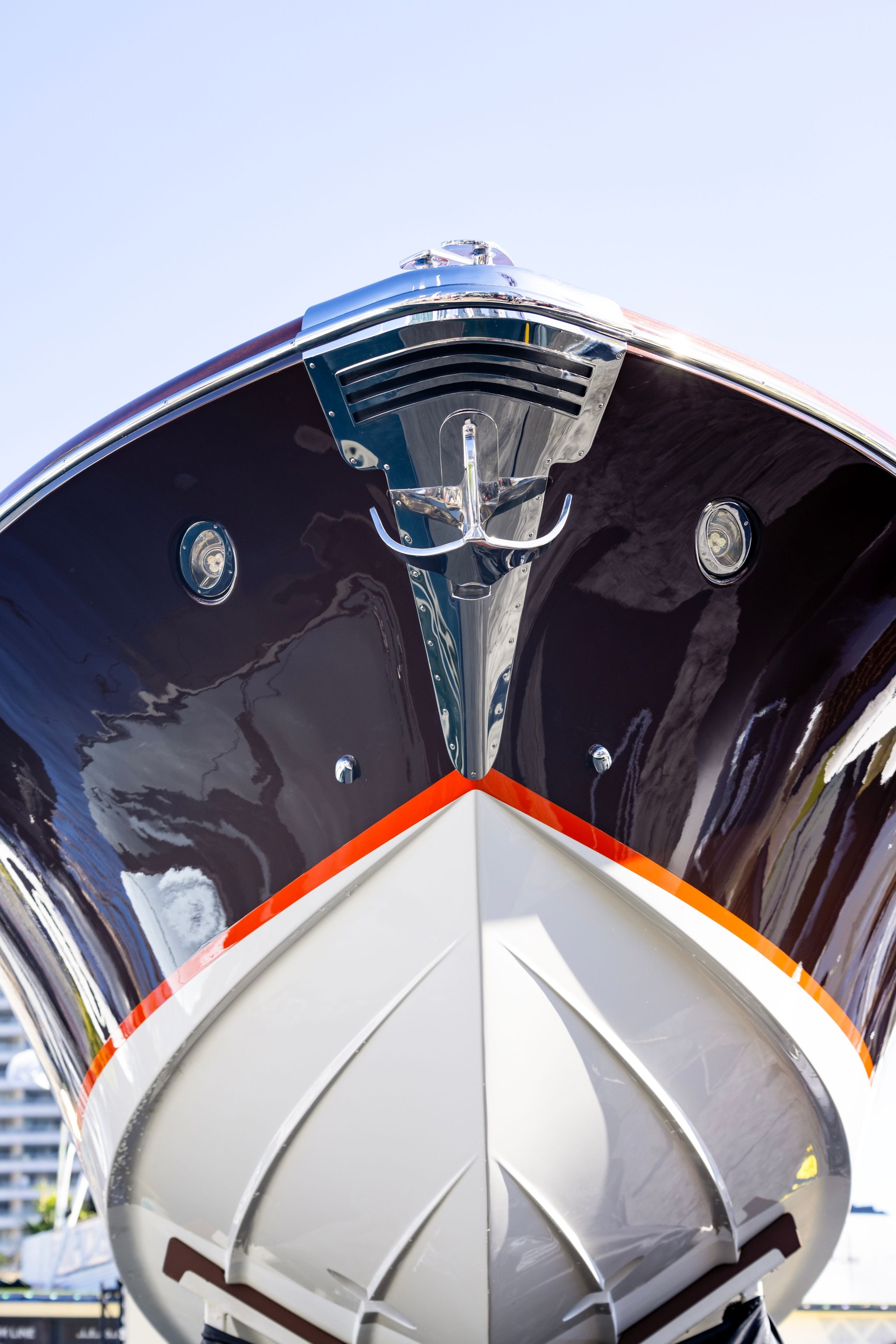 Hull of modern luxury yacht, lfront view, background with copy space