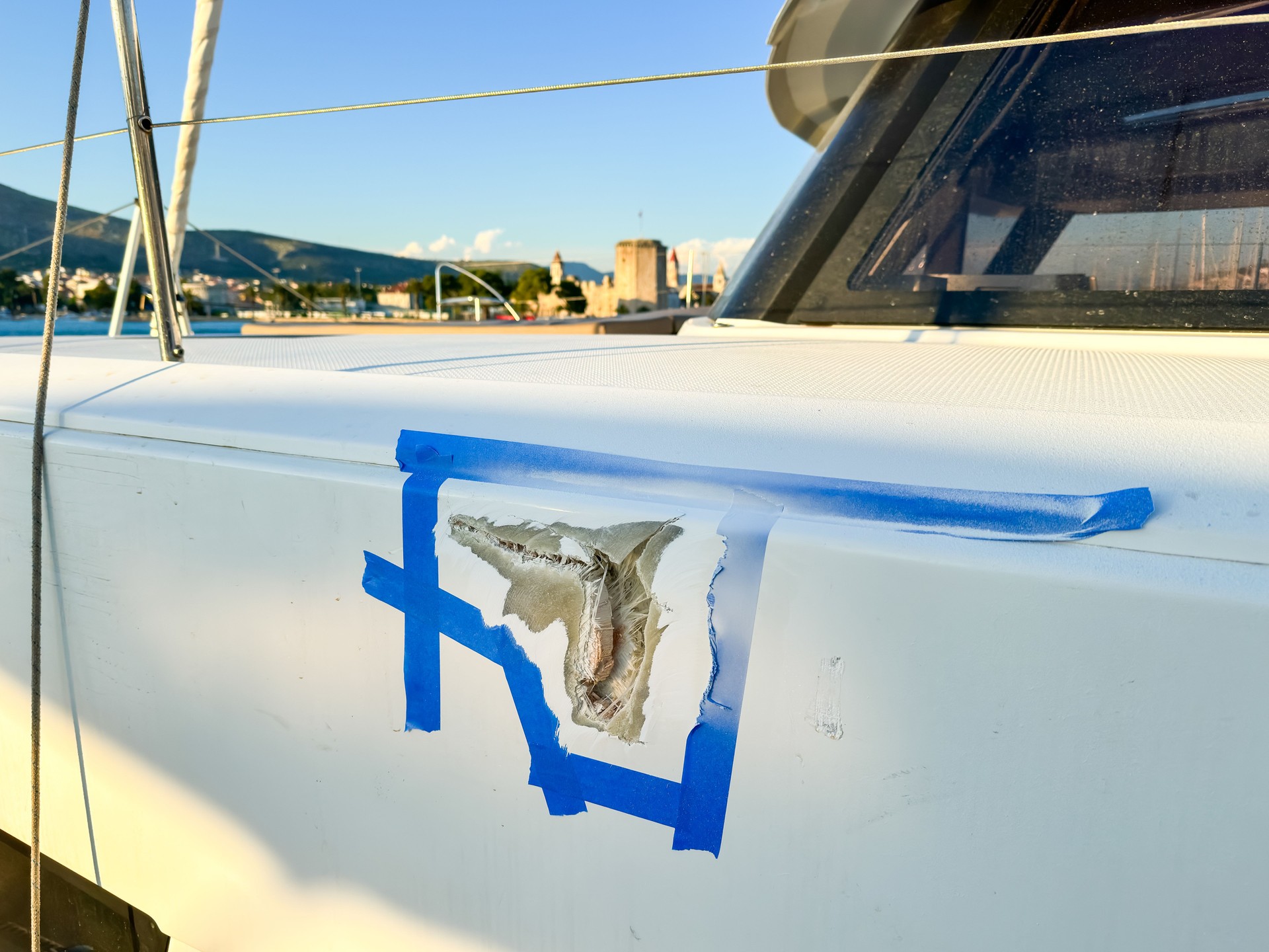 Hole in Damaged Bow of Catamaran